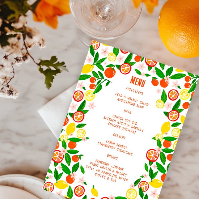 Menu Celebração de Citros LIMÃO de LEMON de Verão em Ne (Citrus Celebration CUSTOM Bold Summer Bridal Wedding Birthday BBQ LEMON LIME ORANGE Menu
)