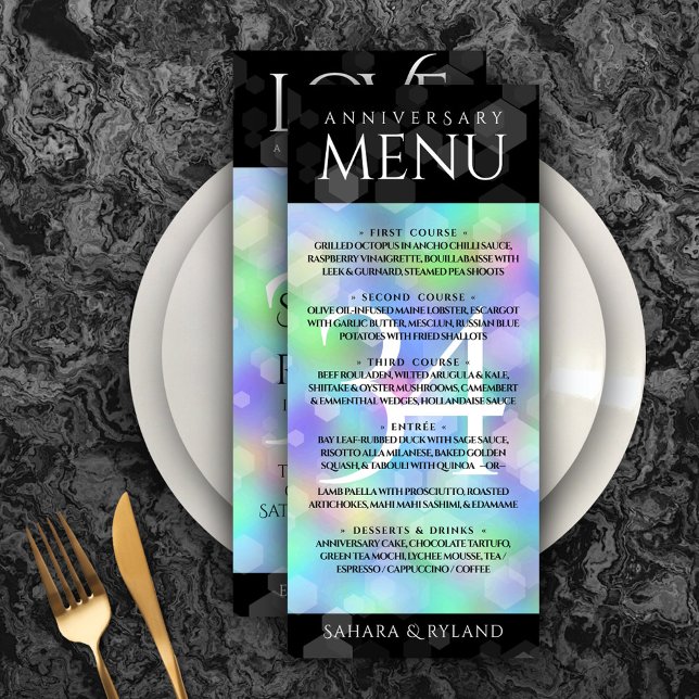 Menu Celebração do 34º aniversário de casamento da Opal (Elegant 34th Opal Wedding Anniversary Menu Rack Card Cover Photo.)