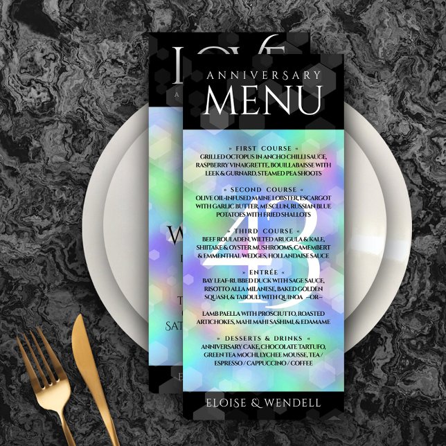 Menu Celebração do Aniversário de Casamento Opal Elegan (Elegant 43rd Opal Wedding Anniversary Menu Rack Card Cover Photo.)