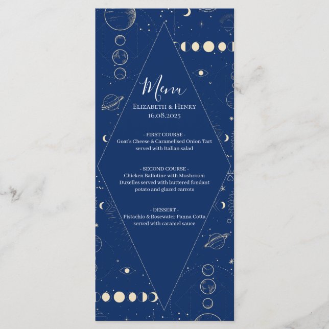 Menu Celestial cosmic ethereal sun moon stars wedding (Frente)
