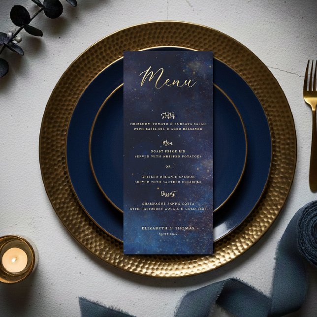 Menu Celestial Galaxy Starry Night Navy Blue Wedding (celestial galaxy wedding menu watercolor navy blue starry night written in the stars)