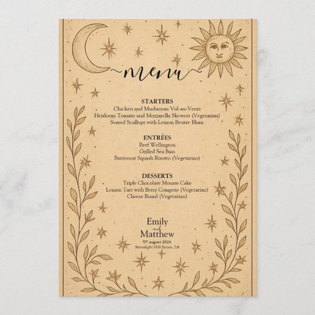 Menu Celestial Romance Mystical Celestial Design (Frente)