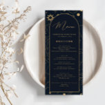 Menu Celestial Sun e Moon Dourado e Marinho<br><div class="desc">Projetado para coordenar com nossa Coleção Mística Celestial, este cartão de menu personalizável único apresenta elementos celestes de ouro lindos em um fundo escuro de marinho. Para personalização mais avançada deste design, por exemplo, alteração do layout, da fonte ou do tamanho do texto, clique no botão "PERSONALIZAR" acima. Por favor,...</div>