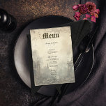 Menu Cenas de Moody Gótica Creme de Vintage e Casamento<br><div class="desc">Entra num mundo de encantamento escuro com o nosso menu de mesa gótica, uma coleção incrivelmente bonita que abraça o fascínio do misterioso. Este belo desenho apresenta uma variedade de fundos cênicos escuros e moôs, exibindo arcos catedral gótica que evocam um senso de grandiosidade antiga, acompanhado por corvos assombrosamente elegantes...</div>