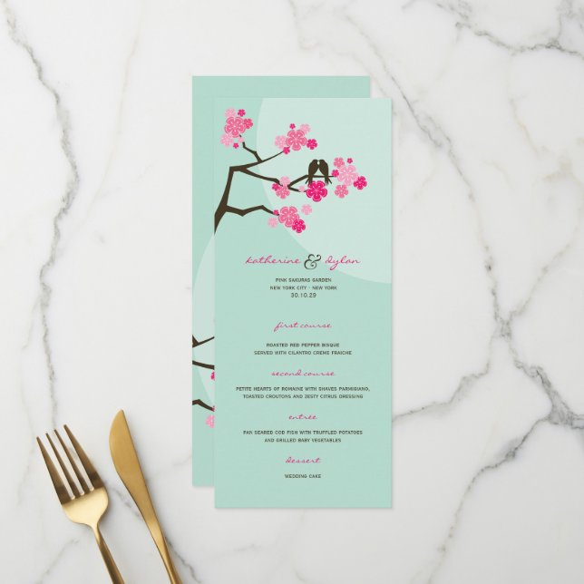 Menu Cerejeiras Rosa Sakura Pássaros Amor Casamento (Frente/Verso In Situ)