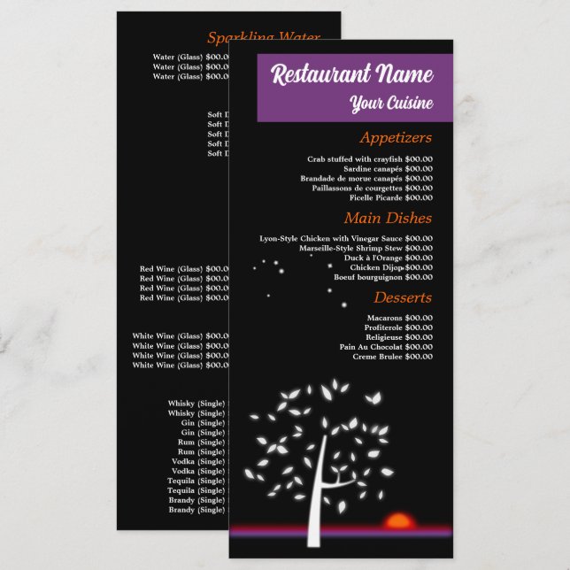 Menu Céu Noturno Sol, Restaurante Slimline (Frente/Verso)