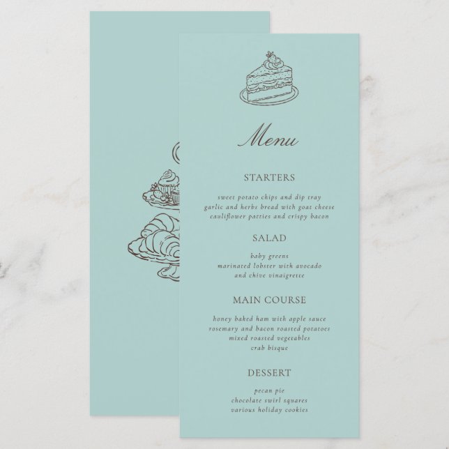 Menu Chá da Tarde Desenho à Mão Azul Chá de Noiva (Frente/Verso)