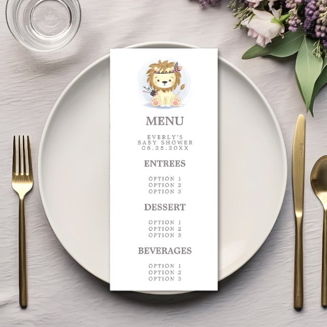 Menu Chá de Bebê Boho Leão Tribal Aquarela (Criador carregado)