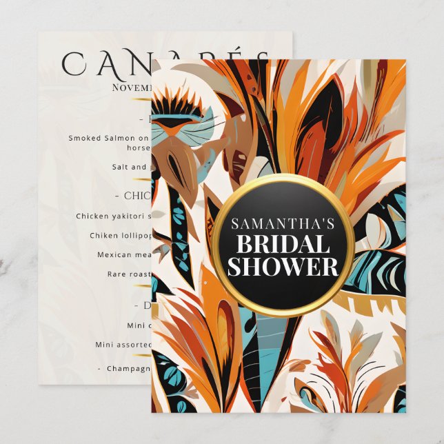 Menu Chá de Bebê Boho Tropical Casamento Tema Terroso e (Frente/Verso)