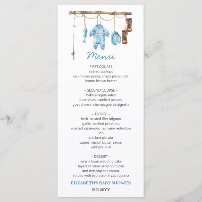 Menu Chá de Bebê do Pequeno Pescador Azul (Frente)