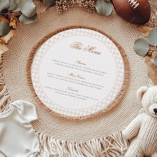 Menu Chá de Bebê do Ursinho de Gingham Marrom Coraçãozi (Criador carregado)