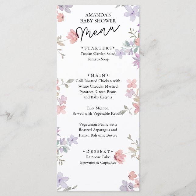 Menu Chá de Bebê Flores Selvagens Elegantes  (Frente)
