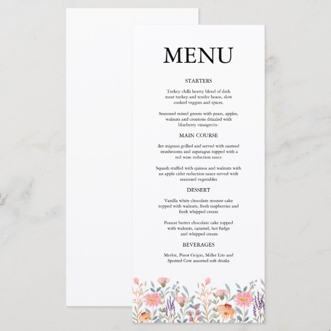 Menu Chá de Bebê Jardim Floral Aquarela Simples (Frente/Verso)