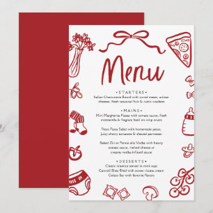 Menu Chá de Bebê Macarrão Pizza Desenhada à Mão Vermelh