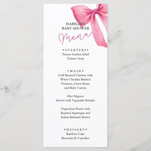 Menu Chá de Bebê Menina com Laço Rosa (Frente)