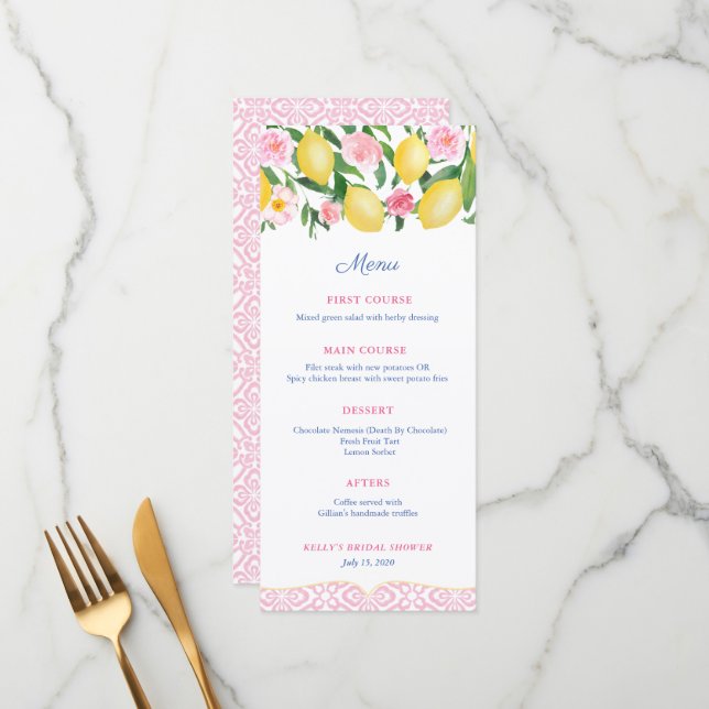 Menu Chá de Bebê Rosa e Branco com Laranja para Noiva (Frente/Verso In Situ)