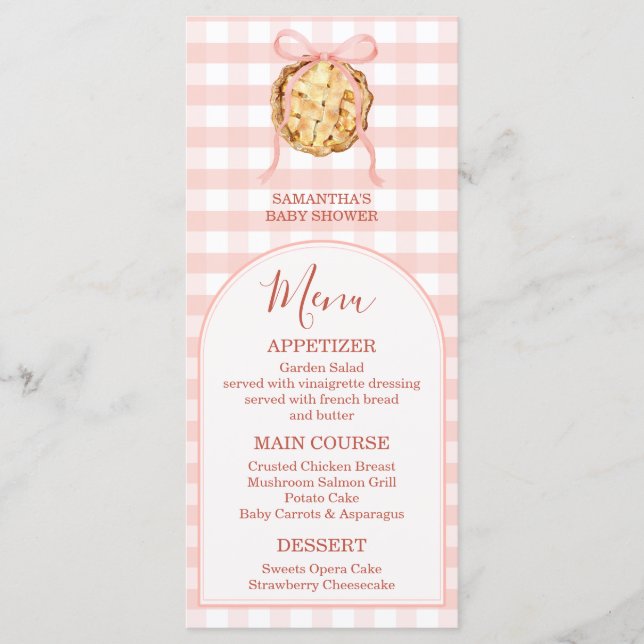Menu Chá de Bebê Torta Fofa Laço Rosa Pastel Xadrez Out (Frente)