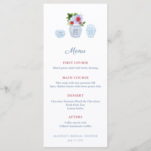 Menu Chá de casamento Azul Branco Elegante de Aquarela (Frente)