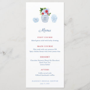 Menu Chá de casamento Azul Branco Elegante de Aquarela