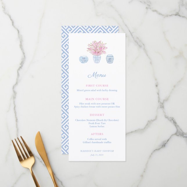 Menu Chá de casamento Azul Cor-de-Rosa do Grande Milêni (Frente/Verso In Situ)