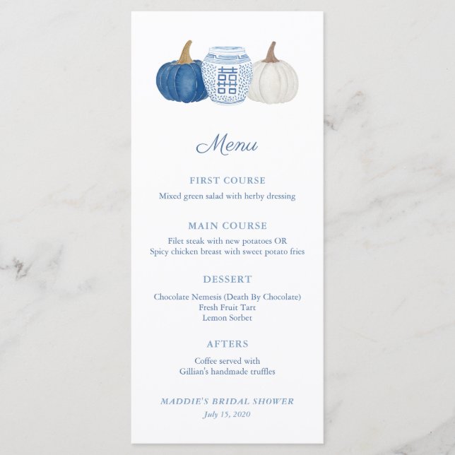Menu Chá de casamento De Pumpkins De Chinoiserie Azul E (Frente)