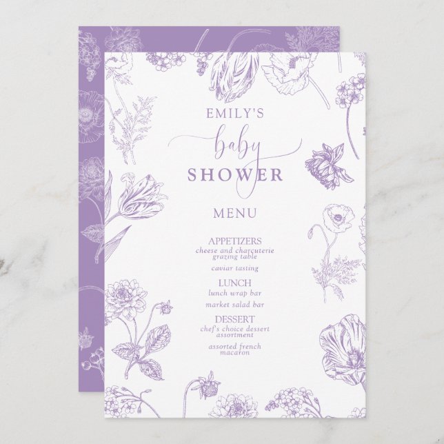 Menu Chá de fraldas de Script Floral de Lavanda Lilac V (Frente/Verso)
