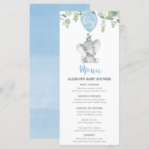 Menu chá de fraldas do elefante azul e dos balões