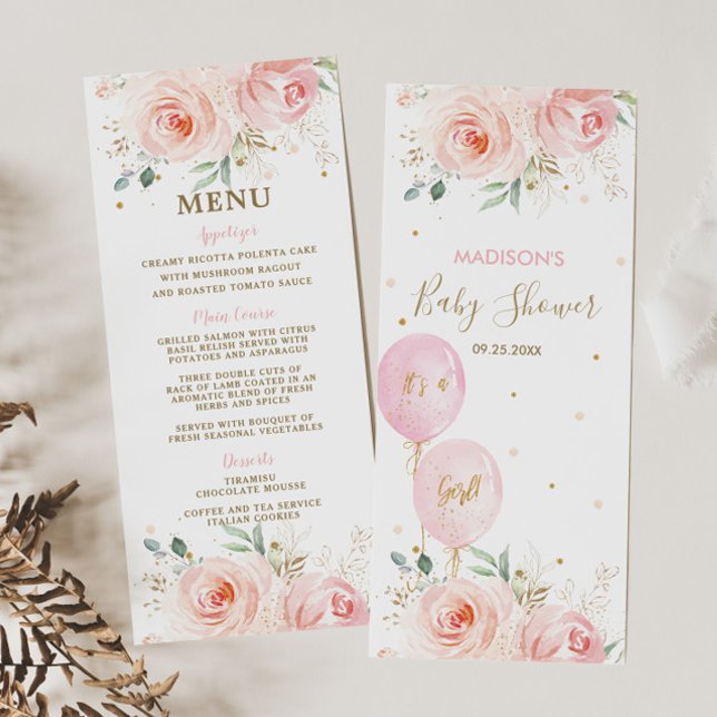 Menu Chá de fraldas dos Balões Florais de Blush Ch (Criador carregado)