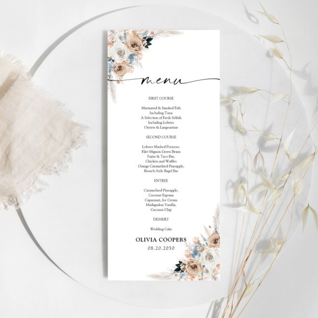 Menu Chá de fraldas Floral De Ivory E Blue Boho (Criador carregado)