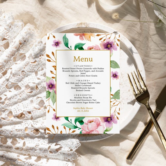 Menu Chá de fraldas Flores de Rosa rosa e roxo (Criador carregado)