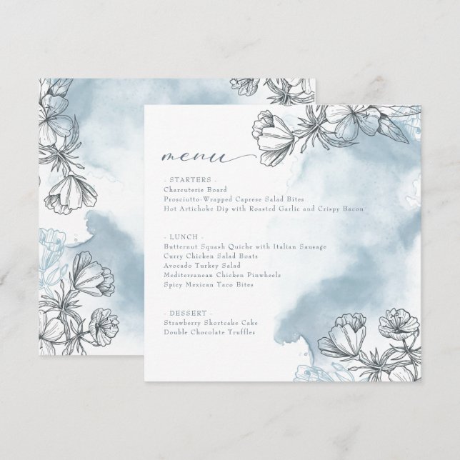 Menu Chá de Noiva Azul Floral Cardápio Fixo (Frente/Verso)