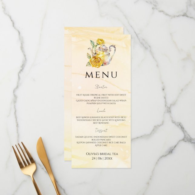 Menu Chá de noiva com pintura aquarela (Frente/Verso In Situ)