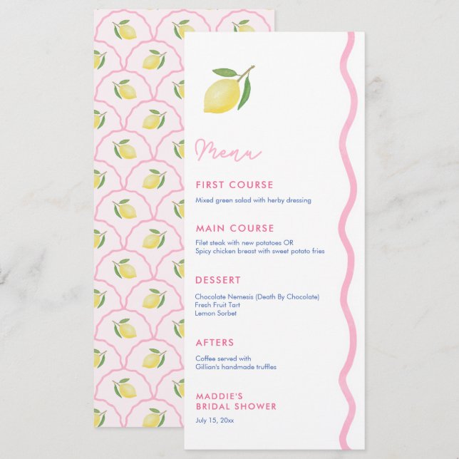 Menu Chá de Noiva Pretty Pink Squiggle Lemon (Frente/Verso)