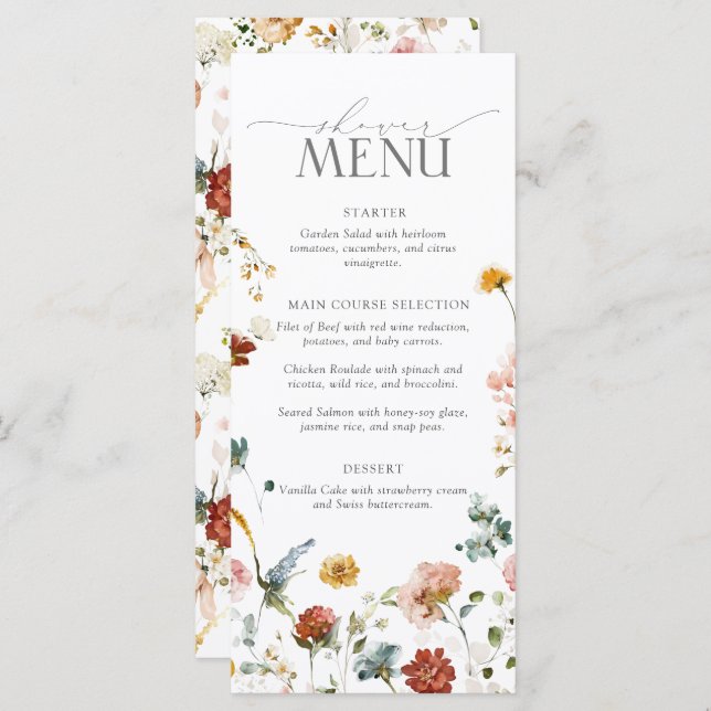 Menu Chá de panela de Aquarela das Flores de Jardim Ele (Frente/Verso)