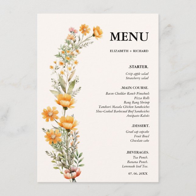 Menu Chá de panela de casamento Elegante Weadow Wildflo (Frente)