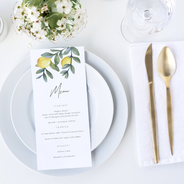 Menu Chá de panela de compressão principal com limão de (Main squeeze Lemon theme Bridal Shower Menu with watercolor lemon and greenery illustration)