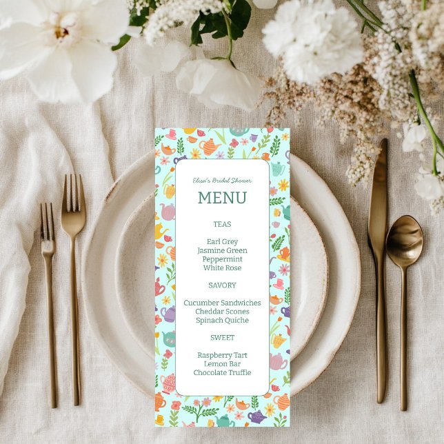 Menu Chá de panela de Tea Party Cólito Causado (Tea Party Bridal Shower Cute Colorful CUSTOM Menu
)