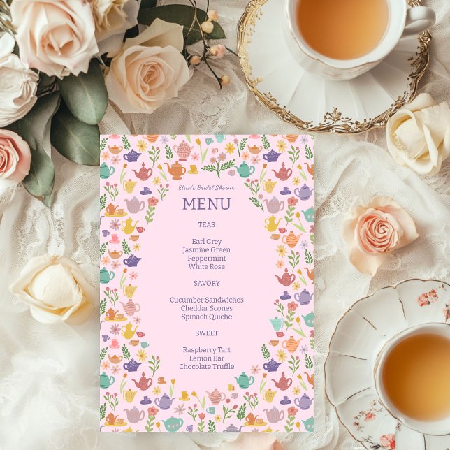 Menu Chá de panela de Tea Party Cólito Causado (Tea Party Bridal Shower Brunch Wedding Birthday Party Cute Colorful CUSTOM Menu
)
