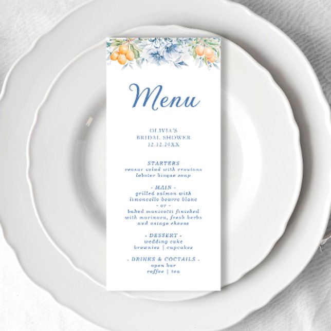 Menu Chá de panela Floral Azul de Aquarela (Criador carregado)
