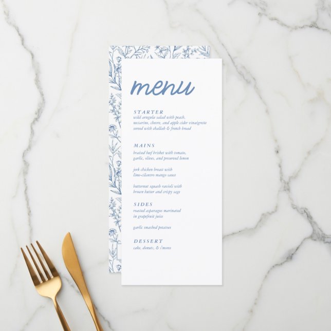 Menu Chá de panela Floral Francês Azul Elegante (Frente/Verso In Situ)