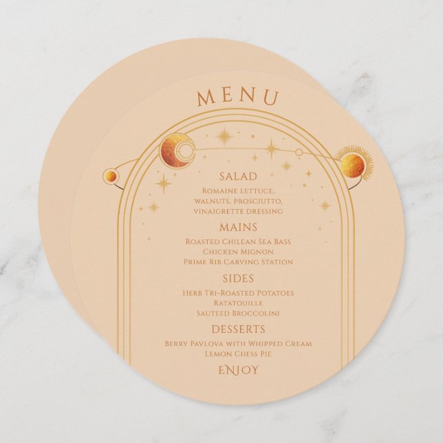 Menu Champanhe Celestial Dourado Sun Moon Stars Casamen (Frente/Verso)