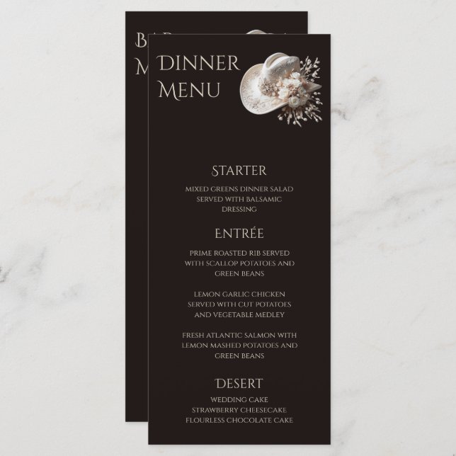 Menu Chapéu branco de vaqueira com casamento de flores (Frente/Verso)