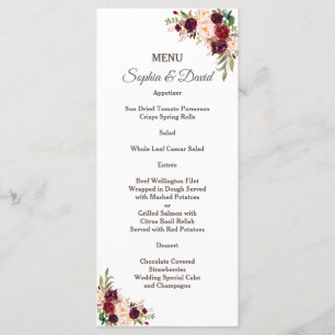 Menu Charm Burgundy Red Marsala Floral WedMenu