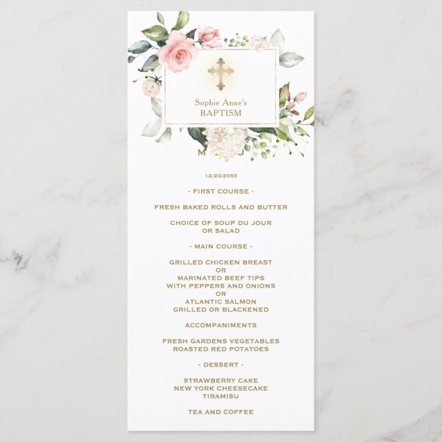 Menu Charm Watercolor Pink Blush Cream Floral Baptism (Frente)