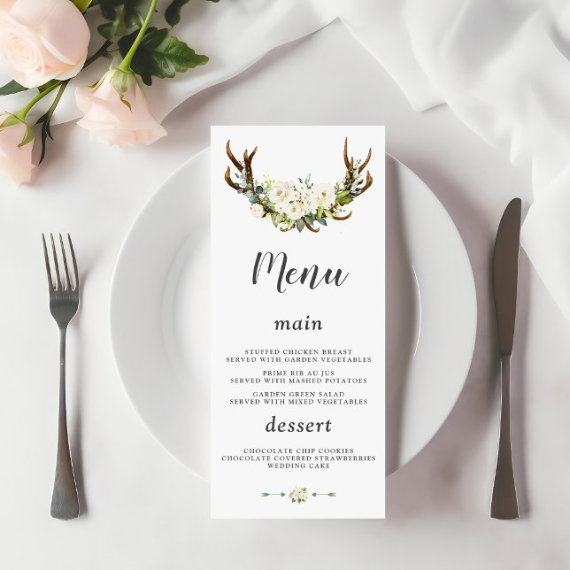 Menu Charm White Cream Flowers Antlers Casamento (Criador carregado)
