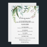 Menu Charming Tropical Floral and Greenery Kissing<br><div class="desc">Este charmoso cardápio floral tropical e verde é perfeito para uma recepção de casamento rústica. Esse design pintado à mão encantador apresenta uma pincelada precioso,  flores roxas e folhagem verde bem arrumada em buquês elegantes.</div>