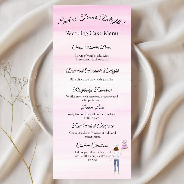 Menu Chef de pastelaria aquarela com LOGO de bolo de ca (A wonderful wedding cake sample menu to lure your customers to trying and buying!)
