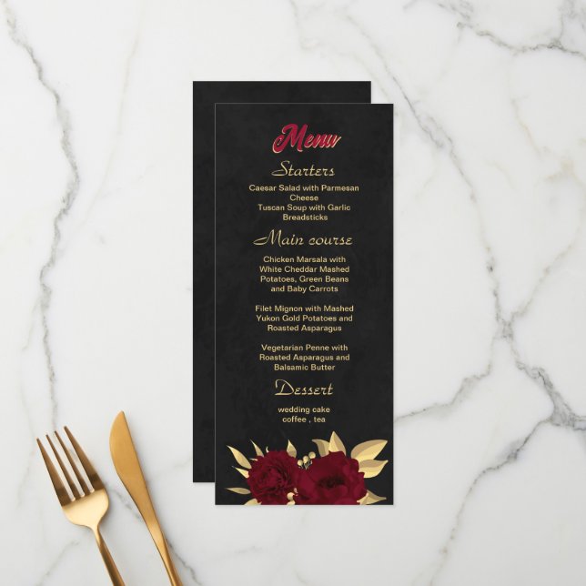 Menu Chic burgundy e casamento preto de ouro (Frente/Verso In Situ)