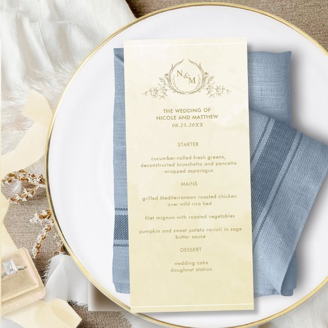 Menu Chic Champagne Cream Watercolor, Monograma Casado (Criador carregado)