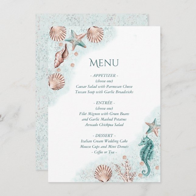 Menu Chic costal | Teal Green and Coral Reef Party (Frente/Verso)